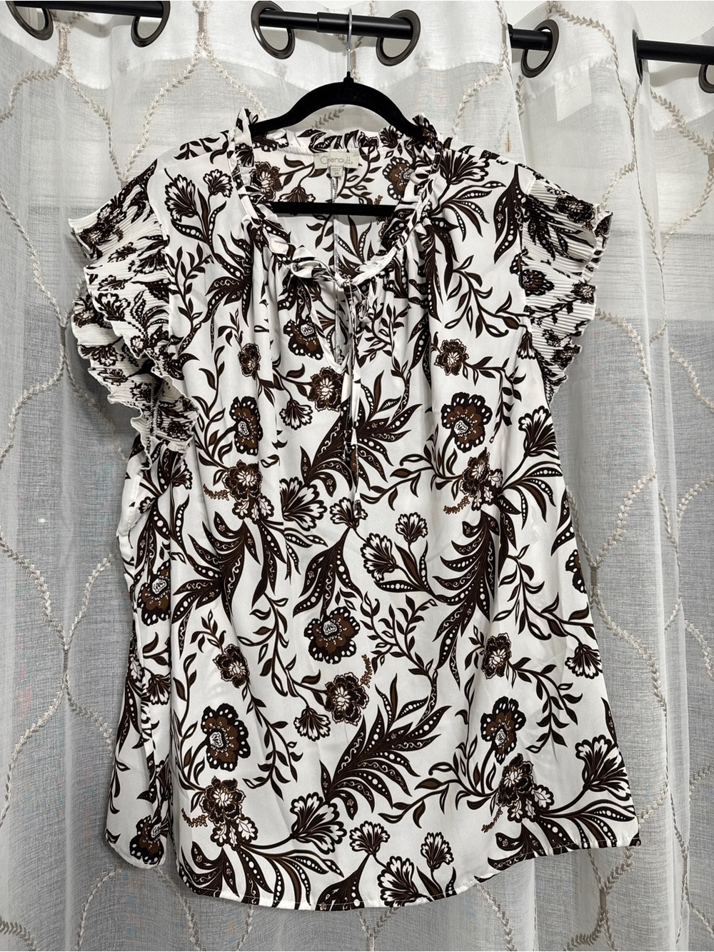 Chenault White Top with Brown Floral Print and Ruffle Sleeves